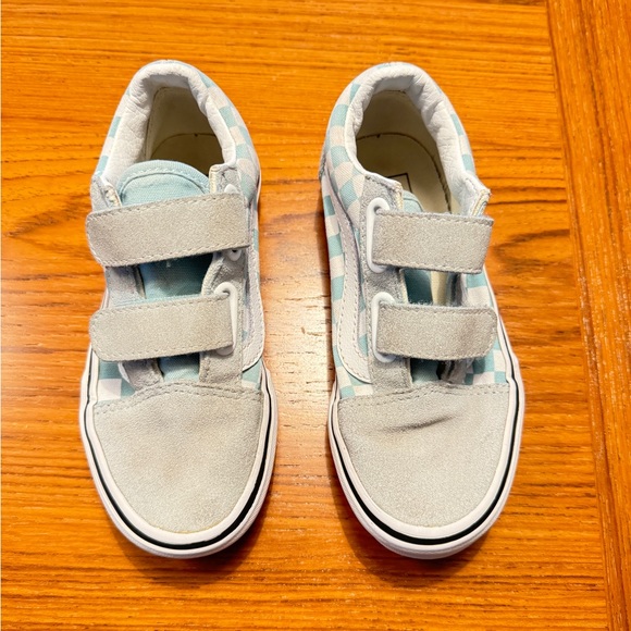 Little Kids 13 Vans Old Skool V Checkerboard Canal Blue Velcro - Picture 2 of 5